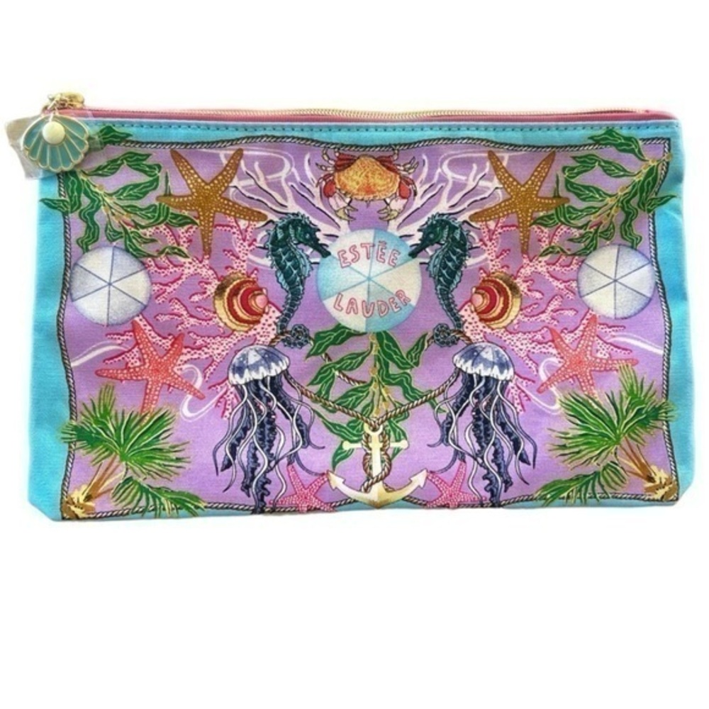 ESTEE LAUDER Coastal Tropical Seashell Makeup Cosmetic Bag Multicolor Canvas 10"